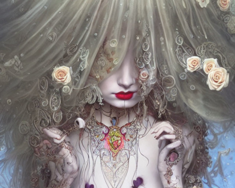 Ethereal woman with roses in flowing hair and dark corset.