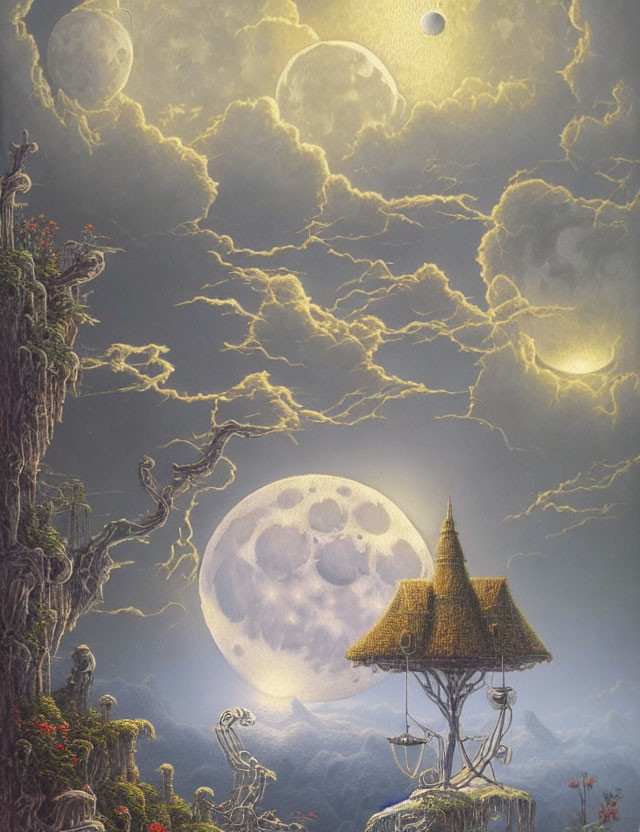 Surreal landscape with multiple moons and traditional hut on cliffside
