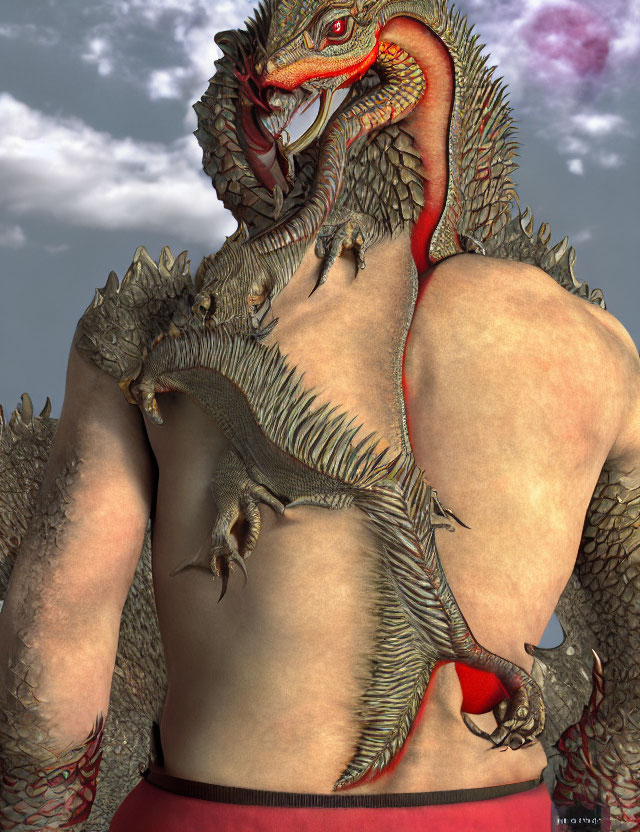 Muscular dragon-headed figure in red shorts with smaller dragon on arm against cloudy sky.