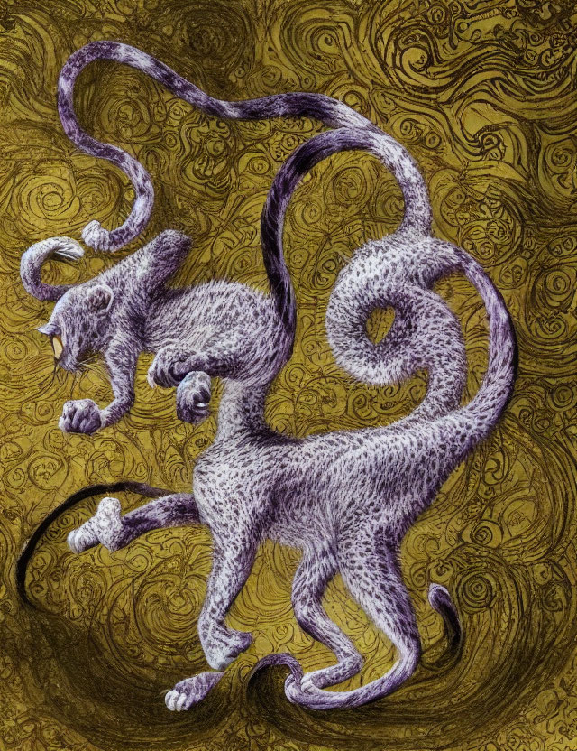 Detailed drawing of two purple cats on golden swirl background