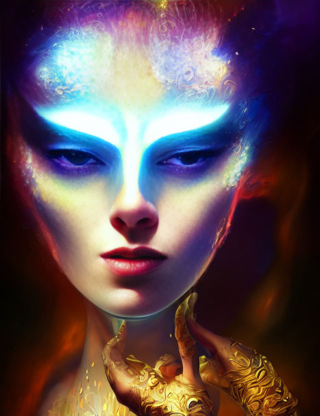 Fantasy portrait of a woman with luminescent blue skin and cosmic colors, adorned with golden jewelry