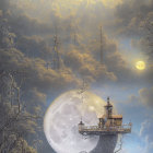 Surreal landscape with multiple moons and traditional hut on cliffside