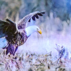 Illustration of bald eagle perched with spread wings in stylized landscape