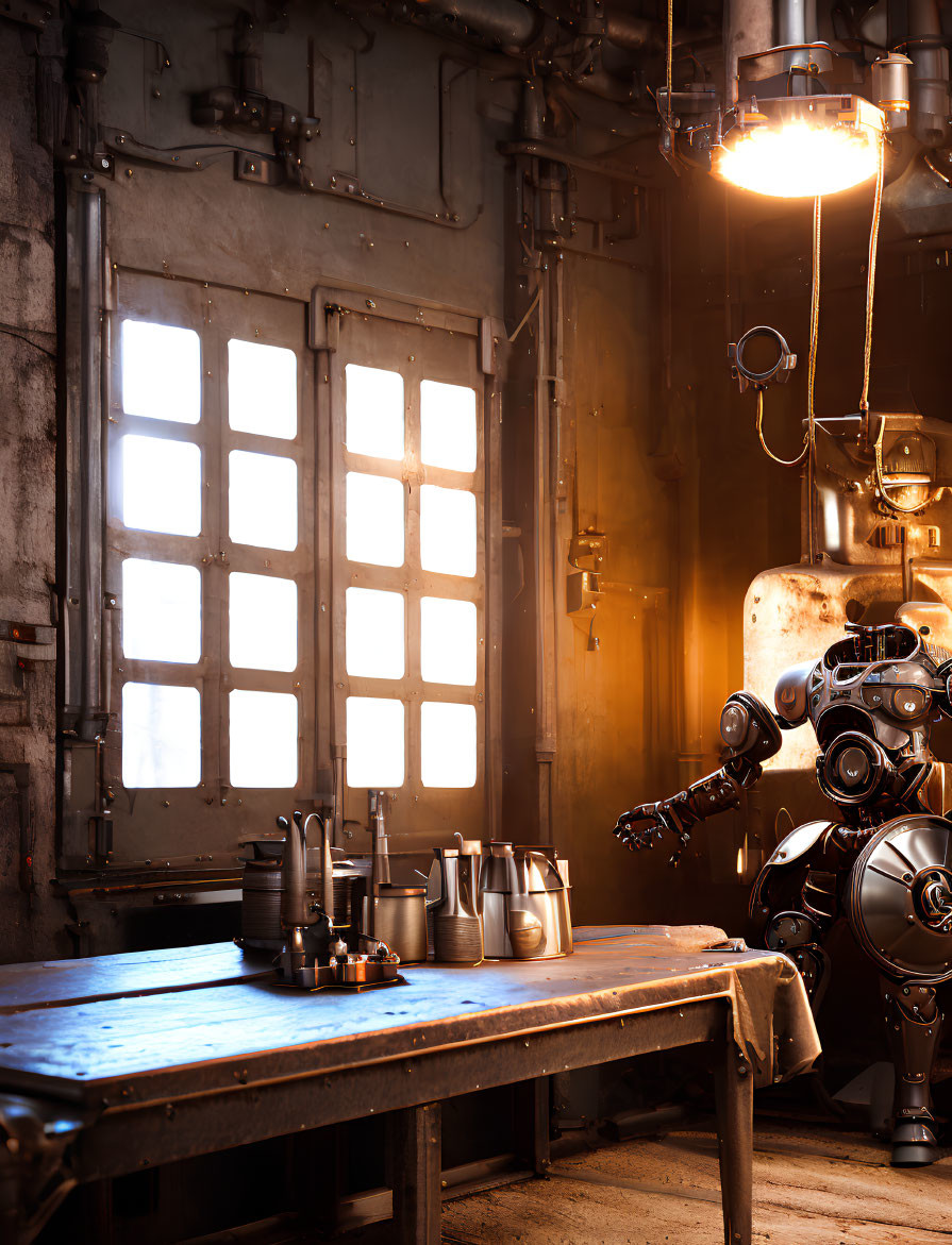 Human-like robot at wooden table with metal canisters in industrial room