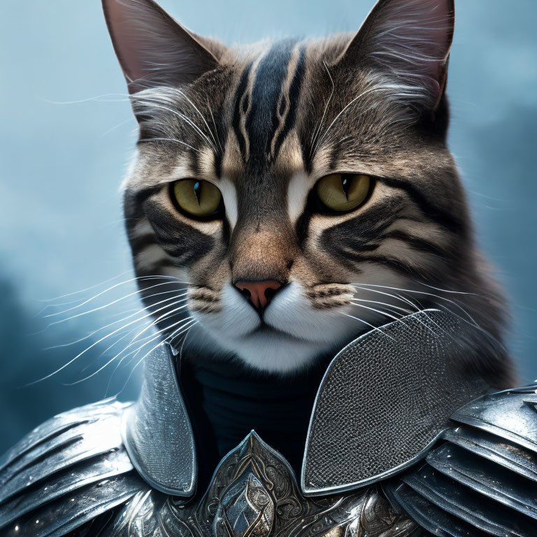Tabby cat in silver knight's armor with yellow eyes