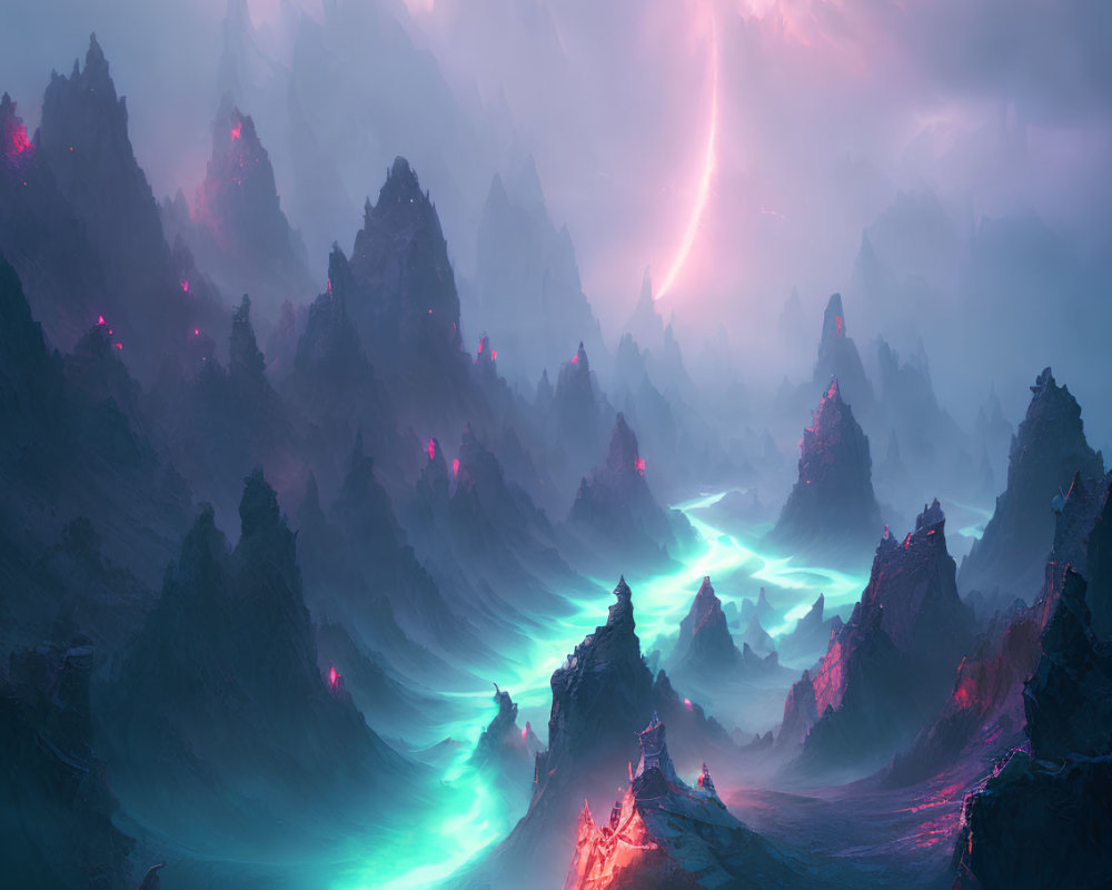 Mystical landscape with jagged mountains and glowing river