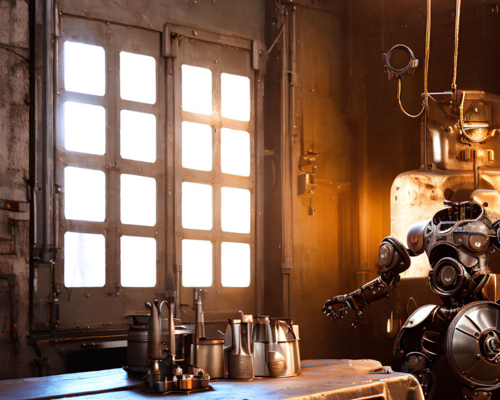 Human-like robot at wooden table with metal canisters in industrial room