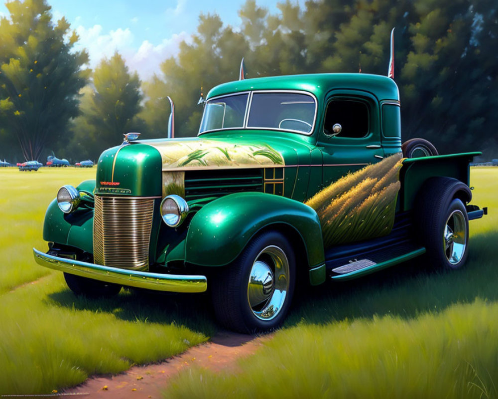 Vintage green pickup truck with chrome details parked on grassy terrain