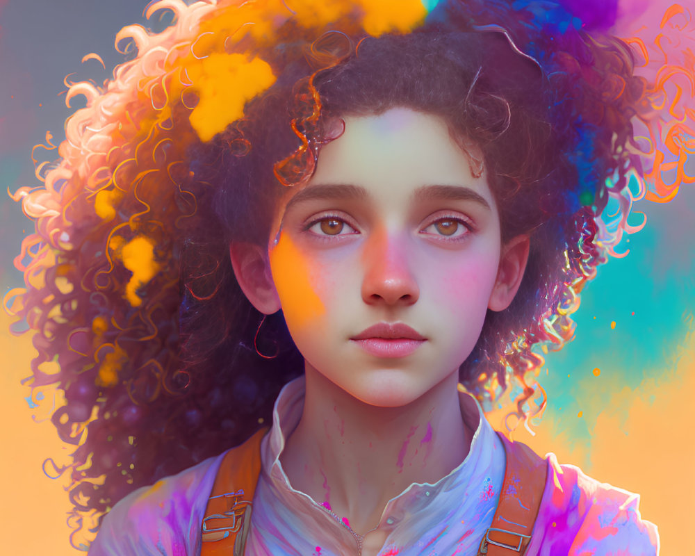 Colorful Smoke Surrounds Young Person with Curly Hair