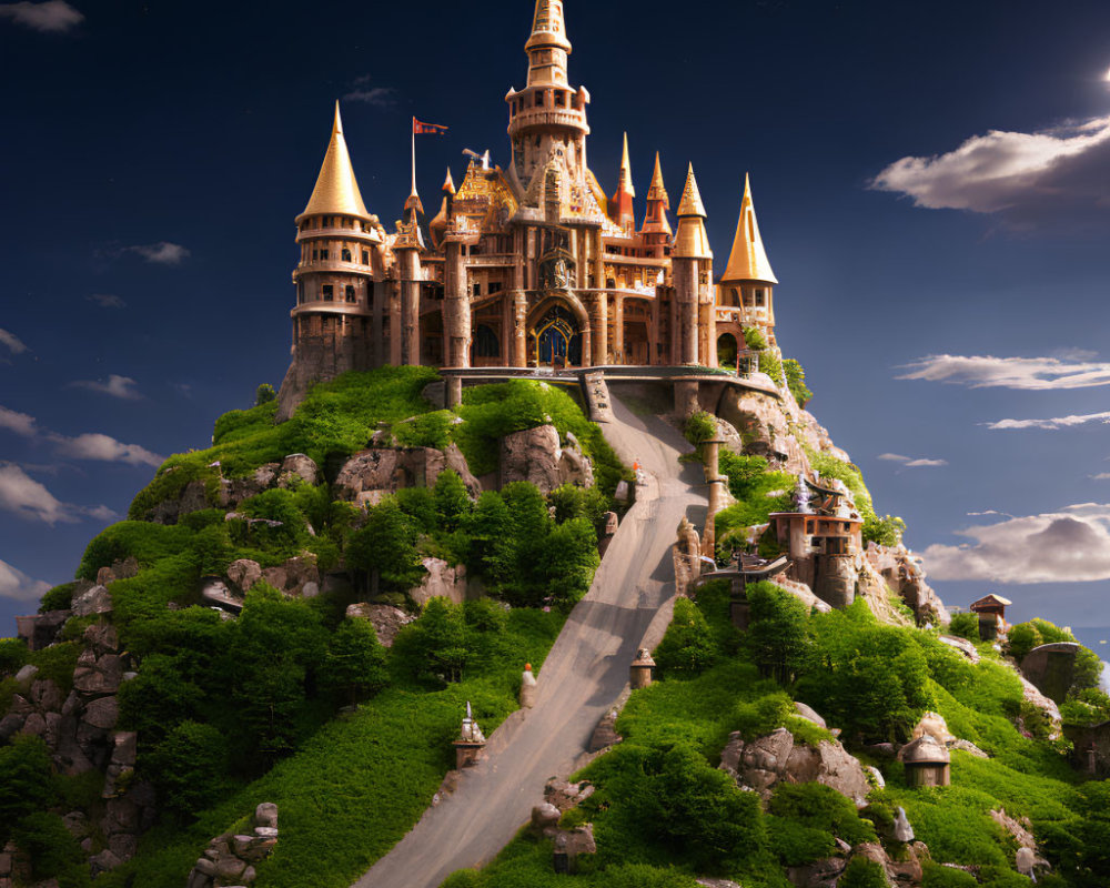 Majestic castle on lush green hill with winding road and dramatic sky