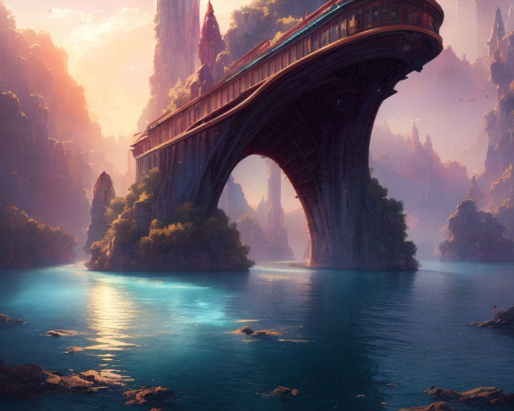 Majestic ornate bridge over tranquil river and cliffs in fantasy scene