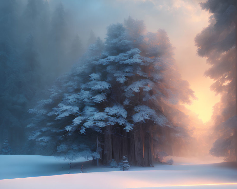 Tranquil winter forest with snow-covered trees and soft sunlight