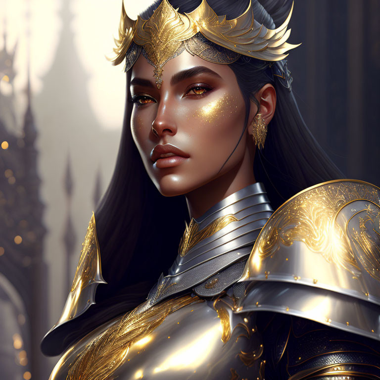 Warrior woman portrait in golden armor and helmet with poised expression