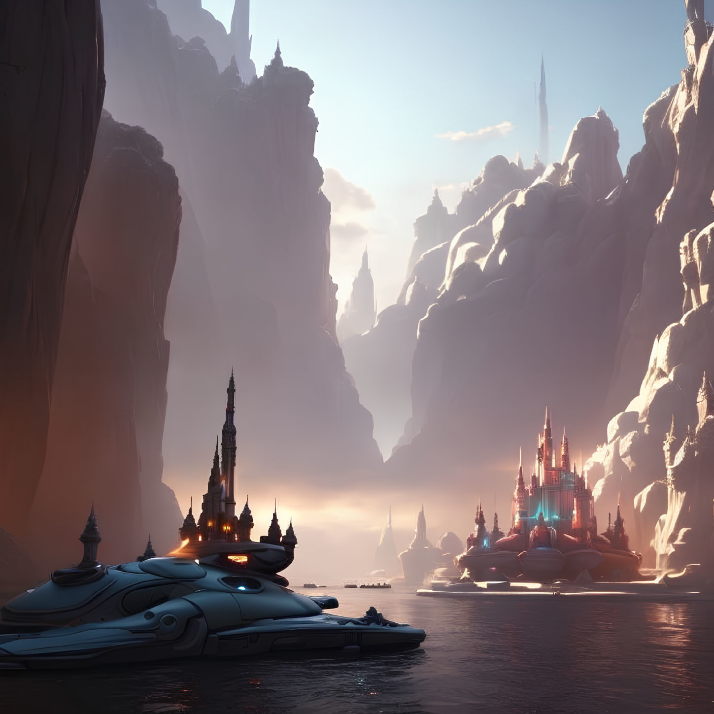 Futuristic landscape with towering rock formations and advanced structures