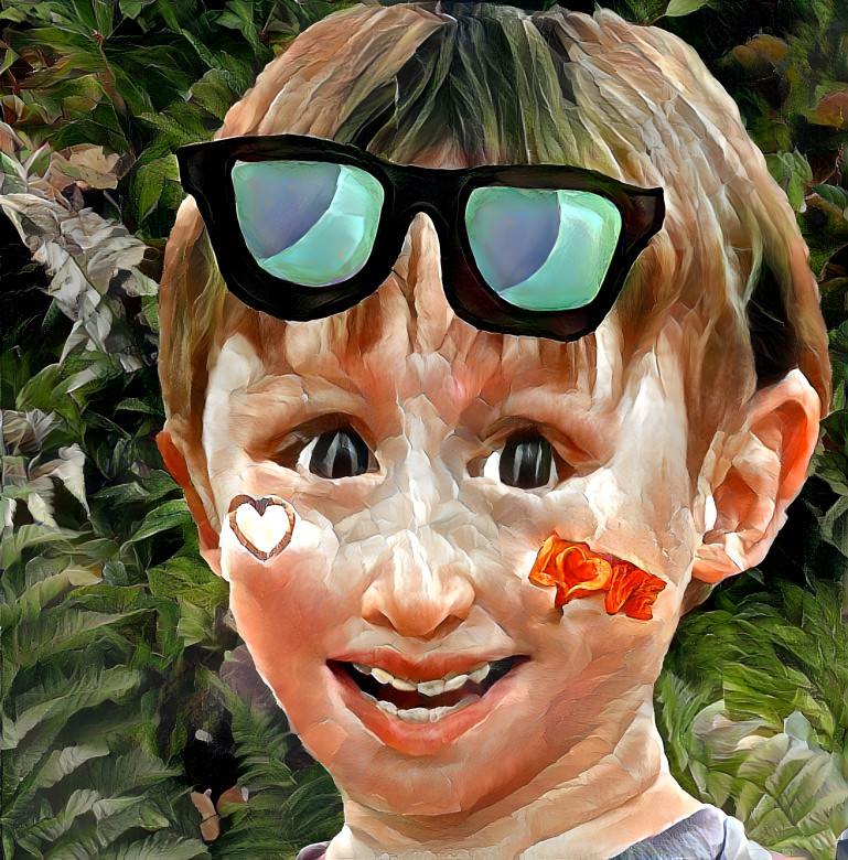 sunglases kid as an old painting of a wax statue