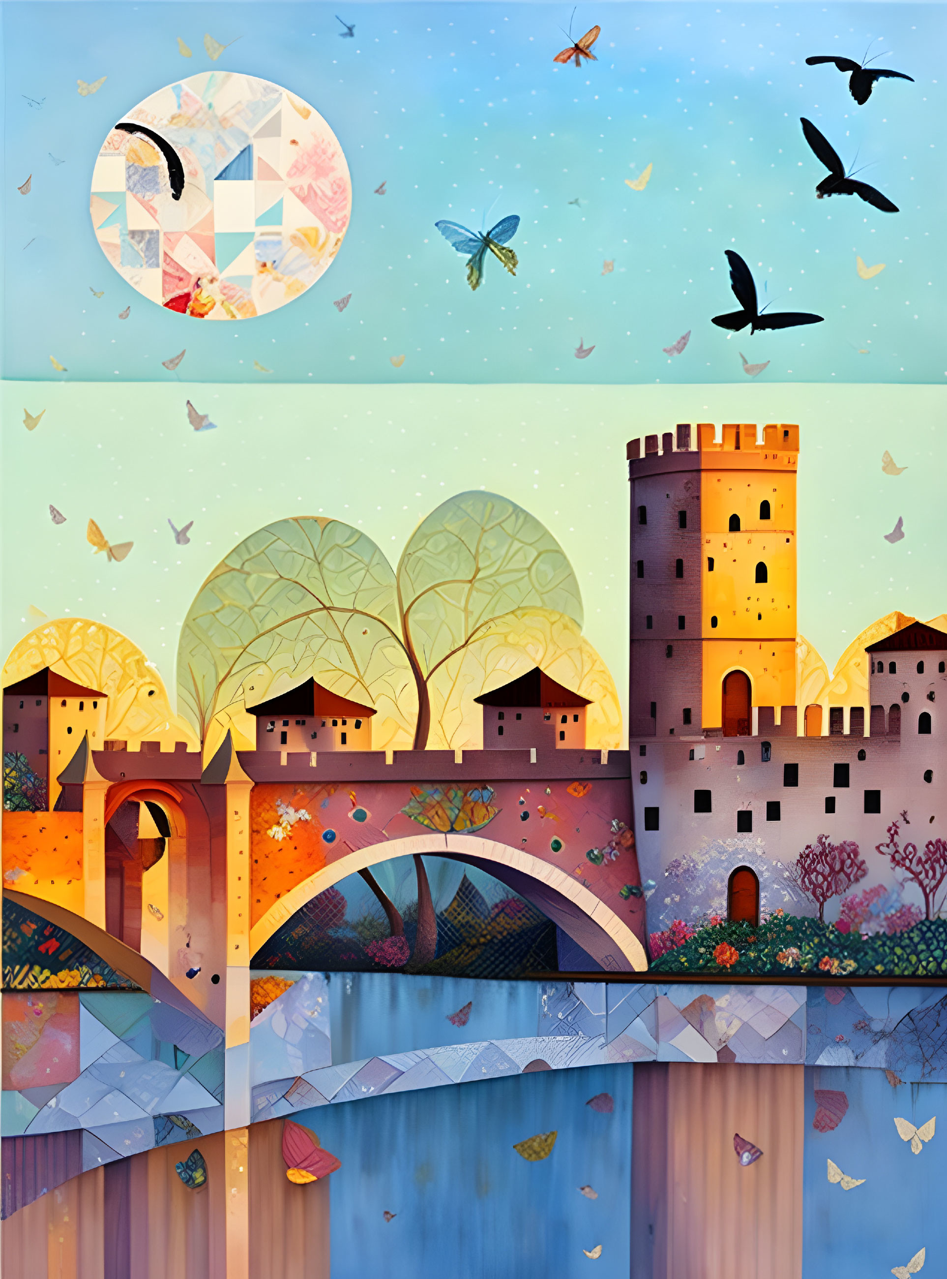 Colorful medieval tower and walls in sunlit illustration with trees, bridge, birds, butterflies, and