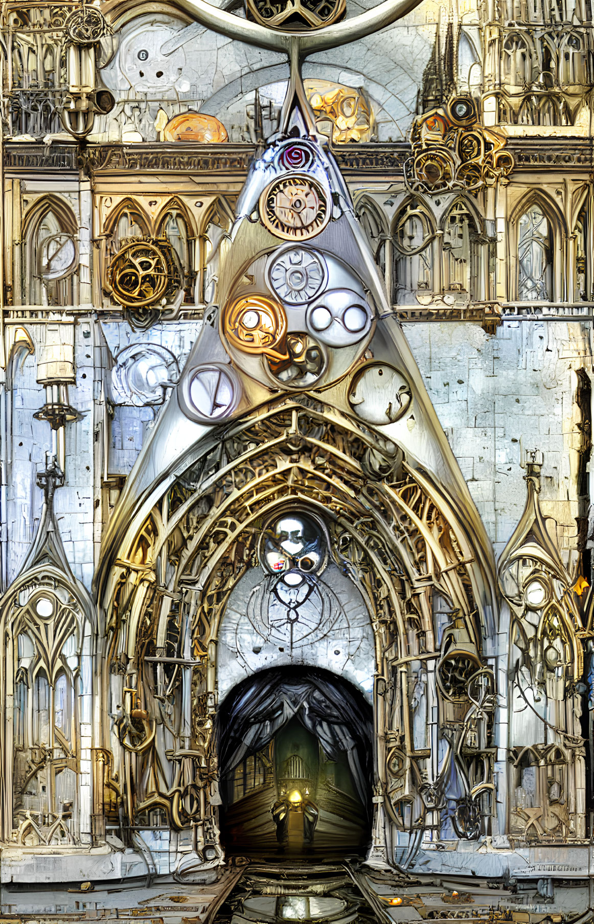 Steampunk cathedral interior with mechanical details and central figure