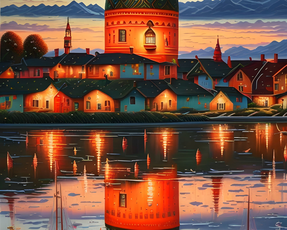 Serene harbor town painting at dusk with sailboats and mountains