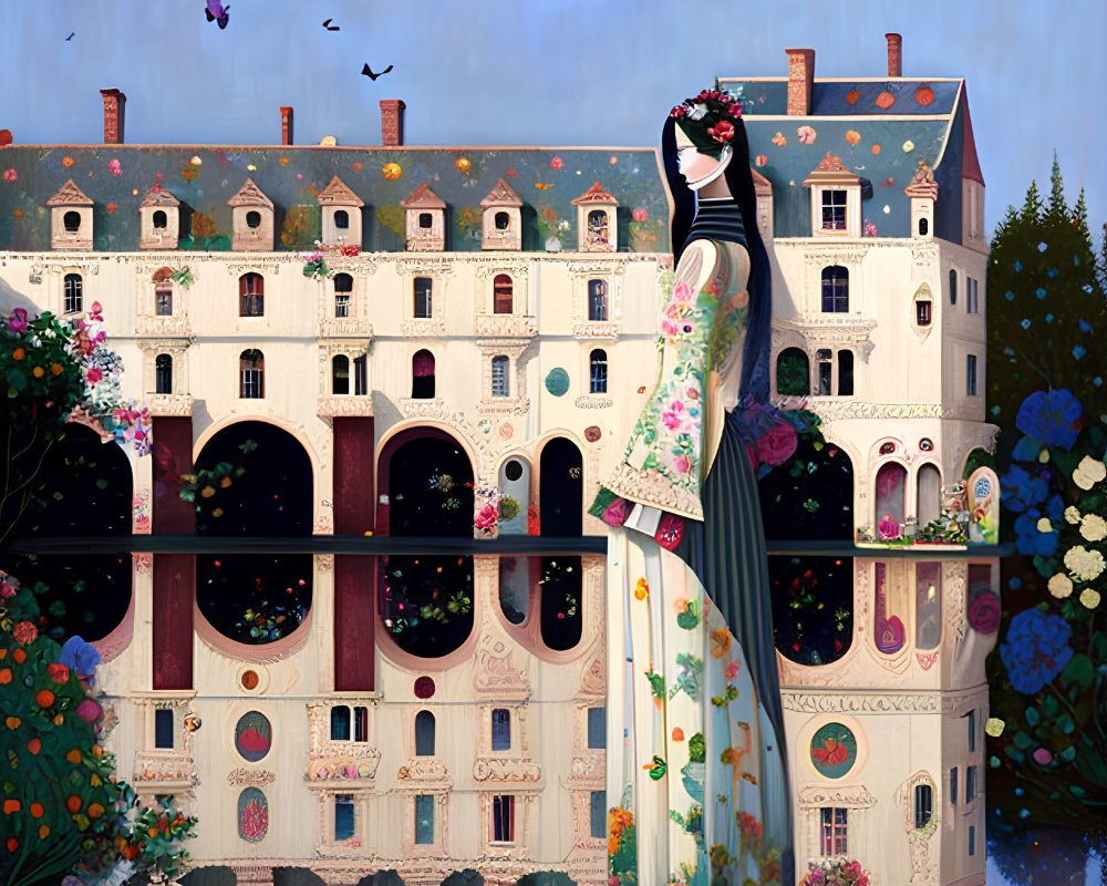 Surreal illustration of woman blending into ornate building facade