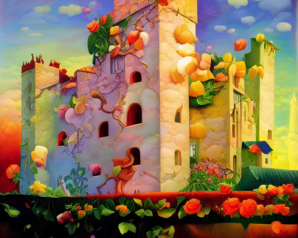 Fantastical castle painting with flora, fauna, and day-to-night sky