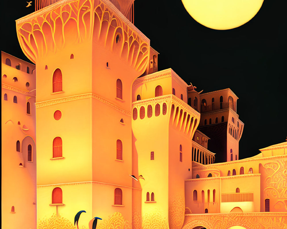 Fantasy castle illustration under yellow moon in dark sky