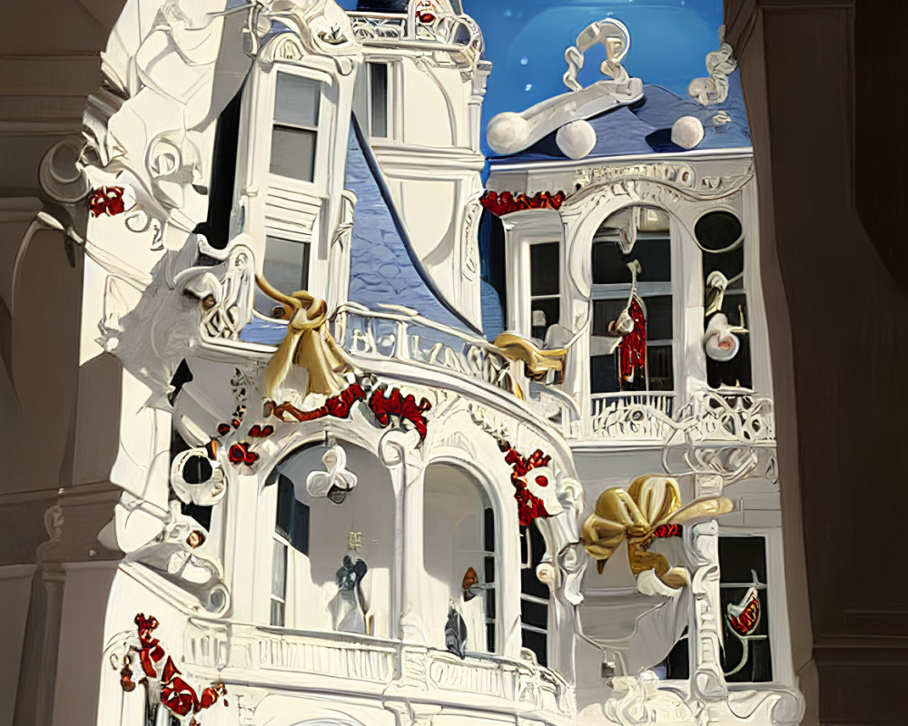 Ornate building cross-section with whimsical characters and festive decorations