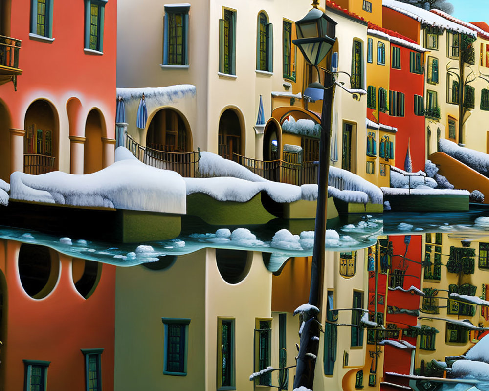 Winter scene: Colorful buildings, river reflection, street lamp, blue sky