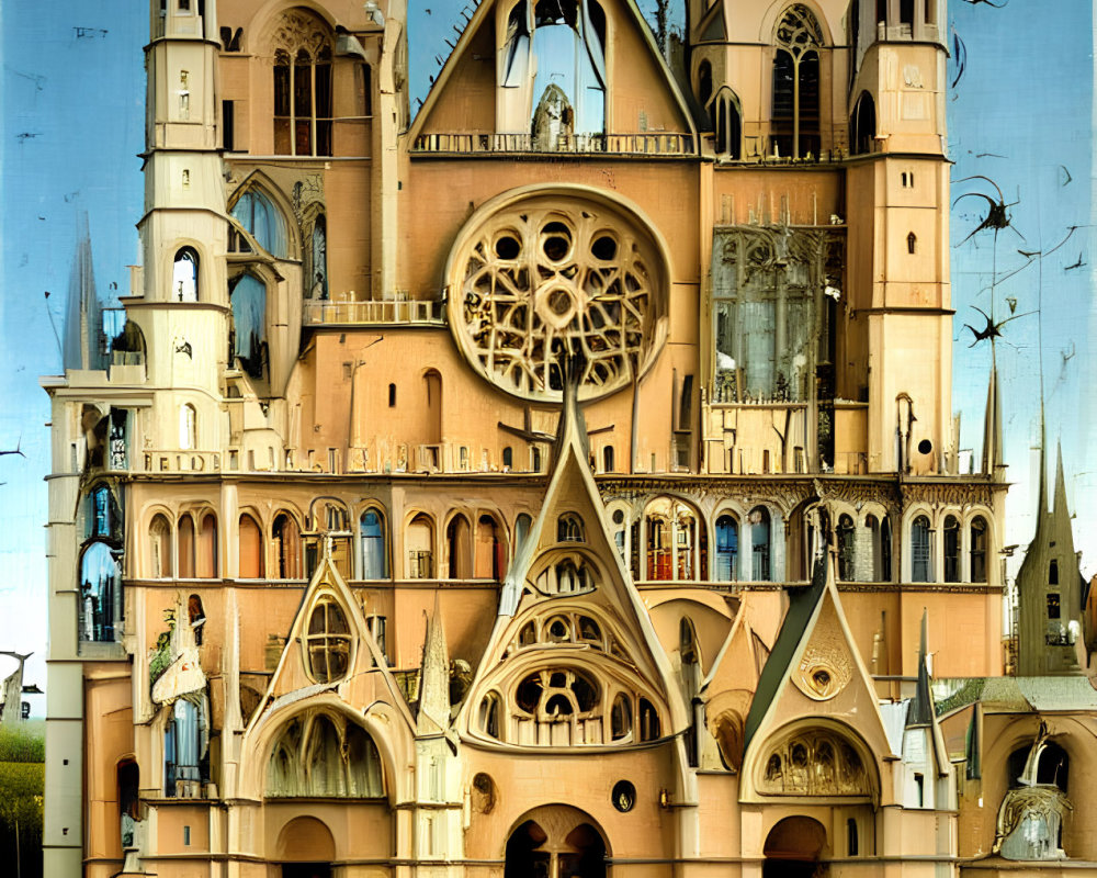 Surrealist Painting: Fantastical Gothic Cathedral with Flying Fish-like Creatures