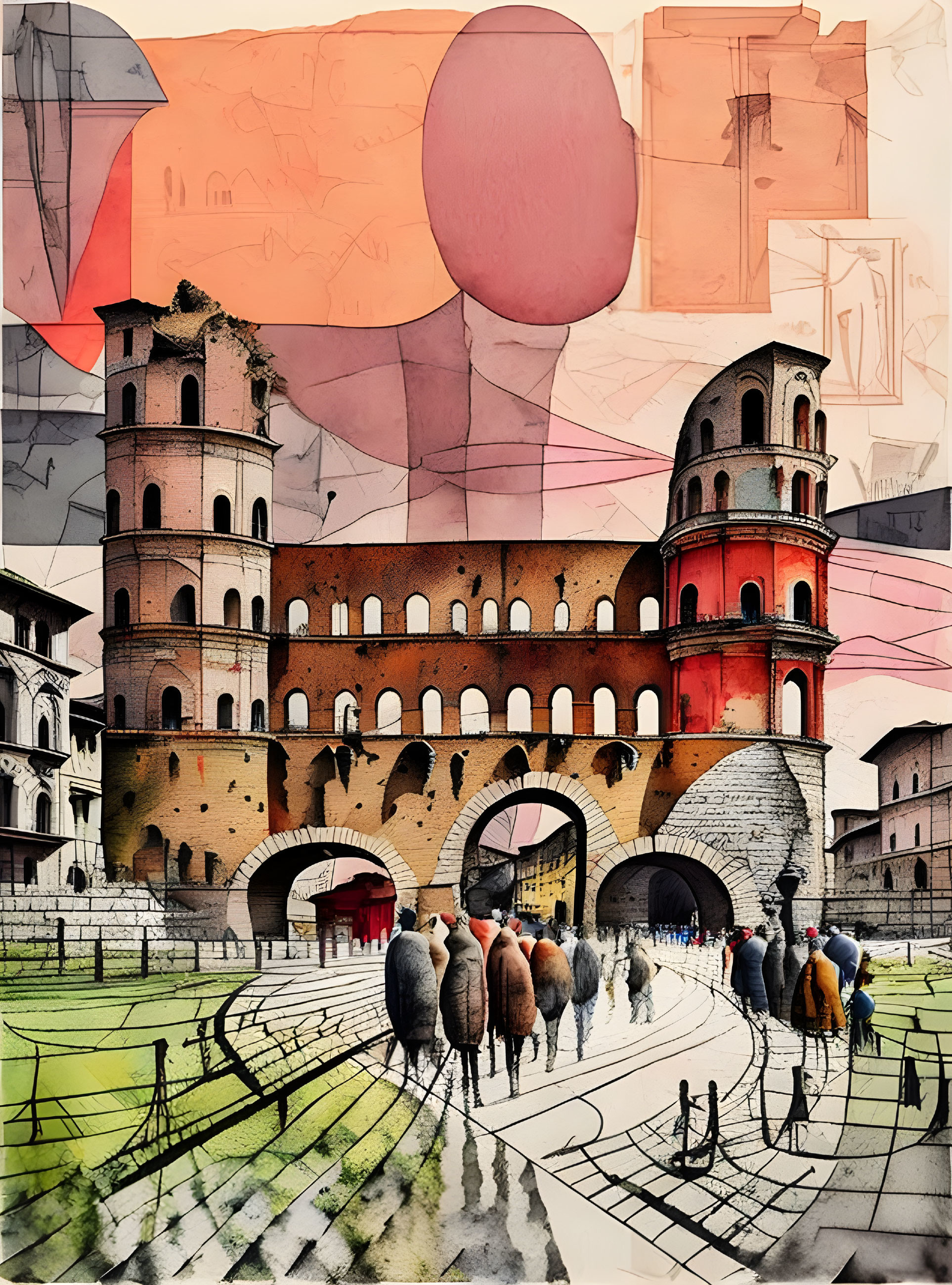 Vibrant collage of people walking towards ancient Roman structure