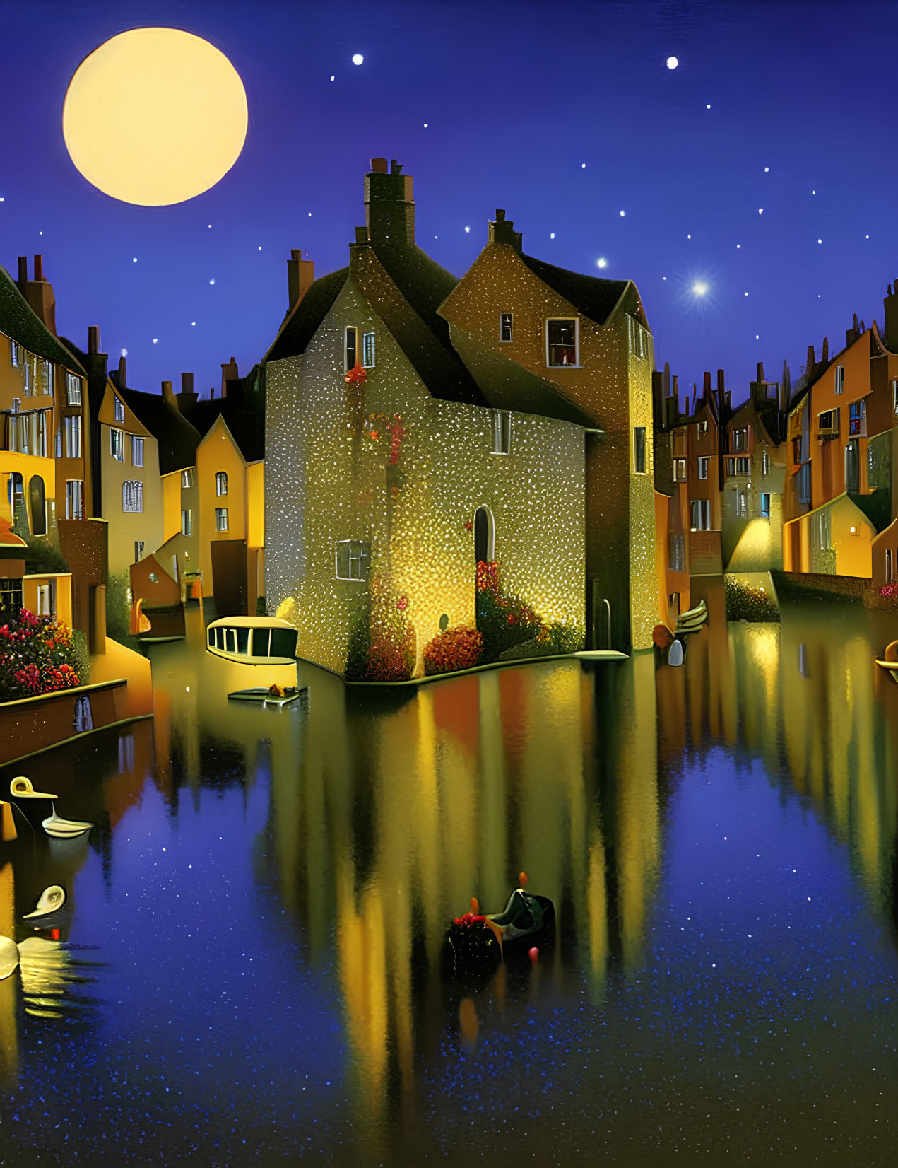 Vibrant riverside village painting with illuminated buildings, boat, moon, and stars.