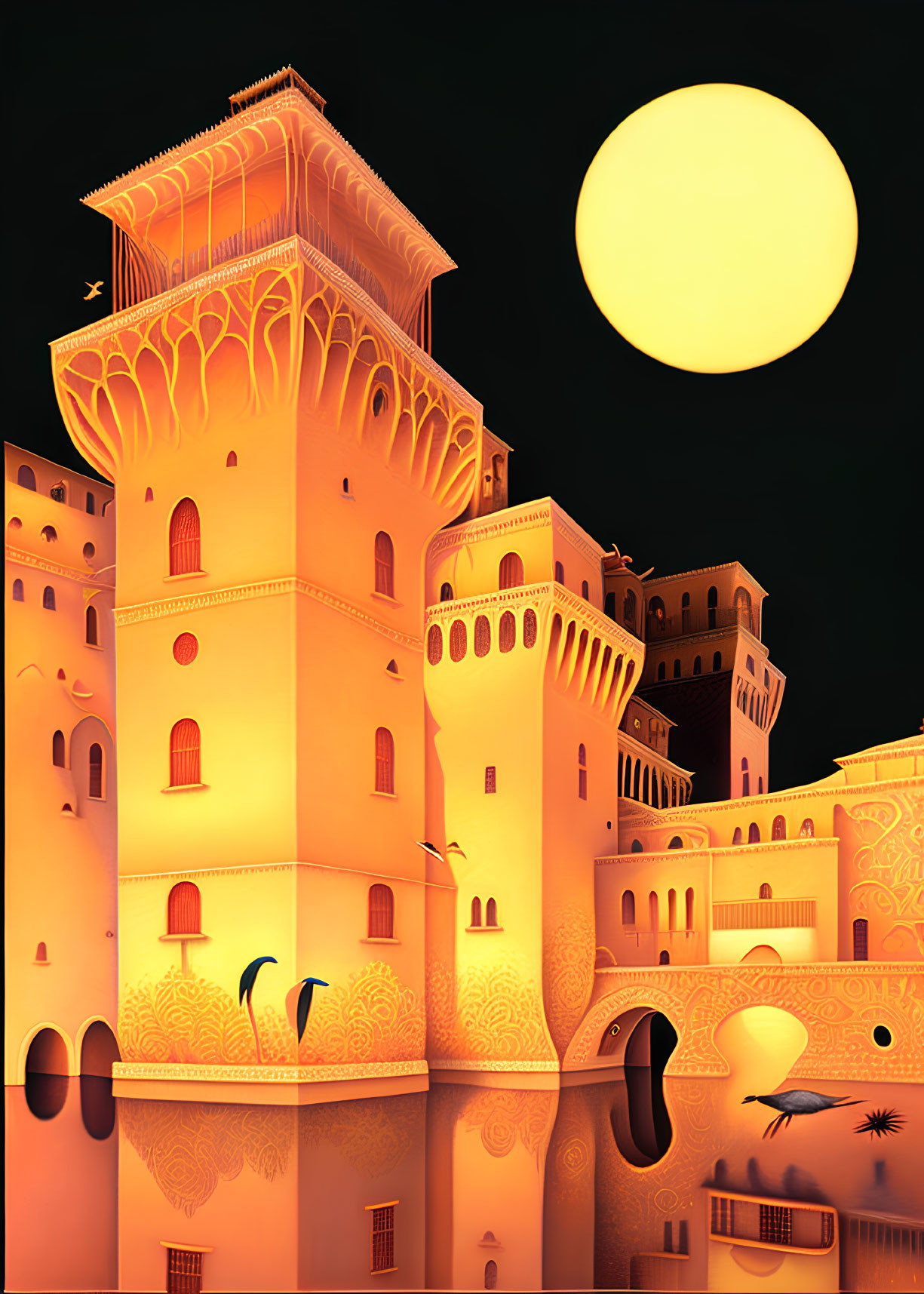 Fantasy castle illustration under yellow moon in dark sky