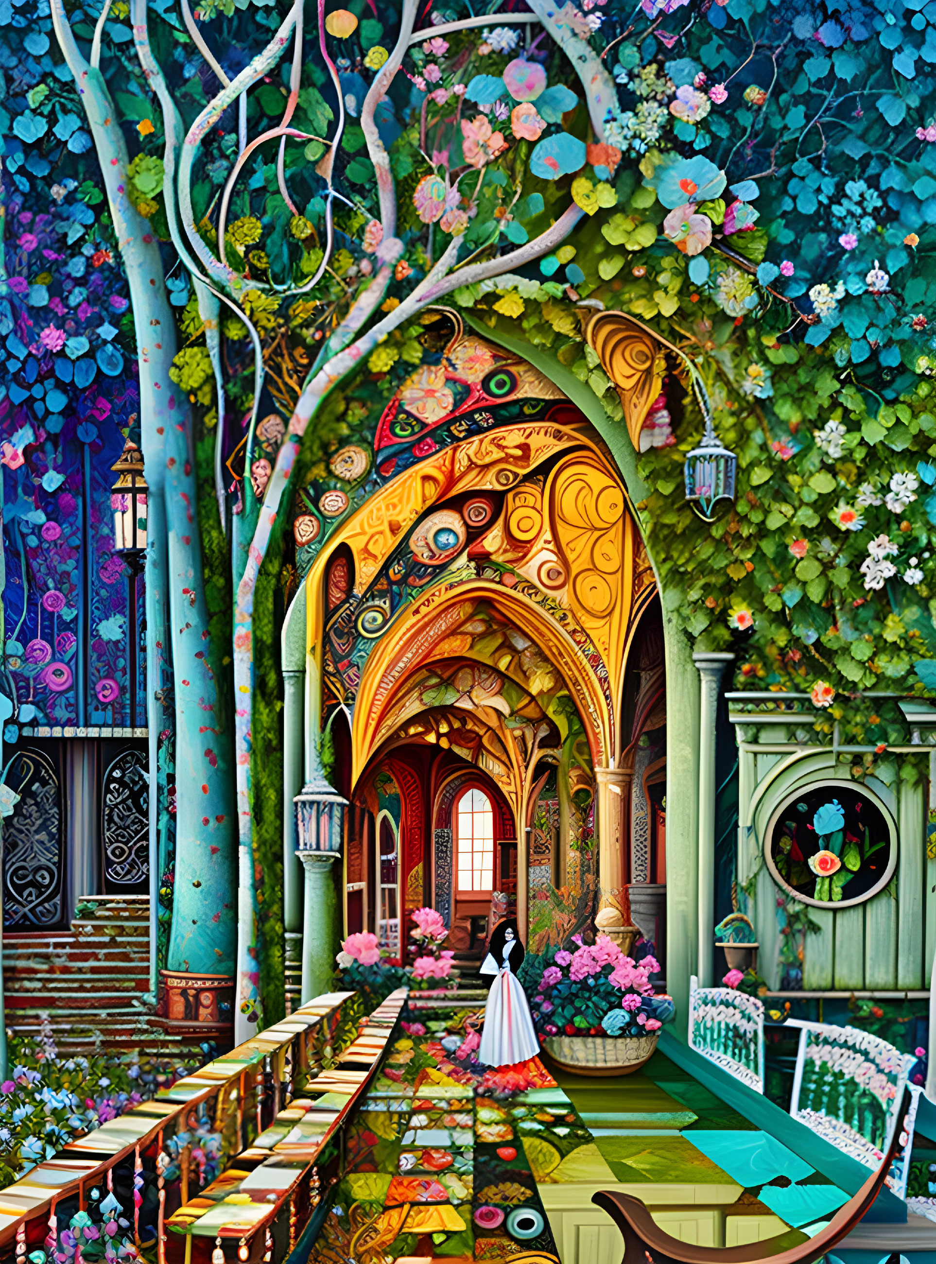 Whimsical corridor with flowering tree canopy and woman in white dress