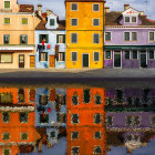 Colorful waterfront illustration with houses, flora, fauna, birds, and heron.