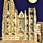 Detailed Gothic cathedral night scene with full moon and bird silhouettes