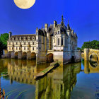 Château with spires reflected in water under yellow moon