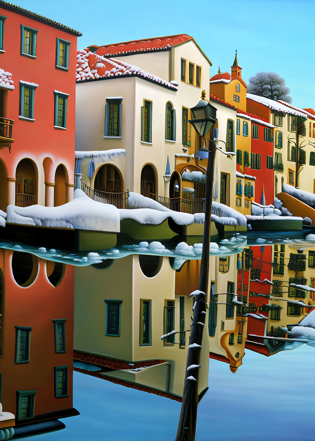 Winter scene: Colorful buildings, river reflection, street lamp, blue sky