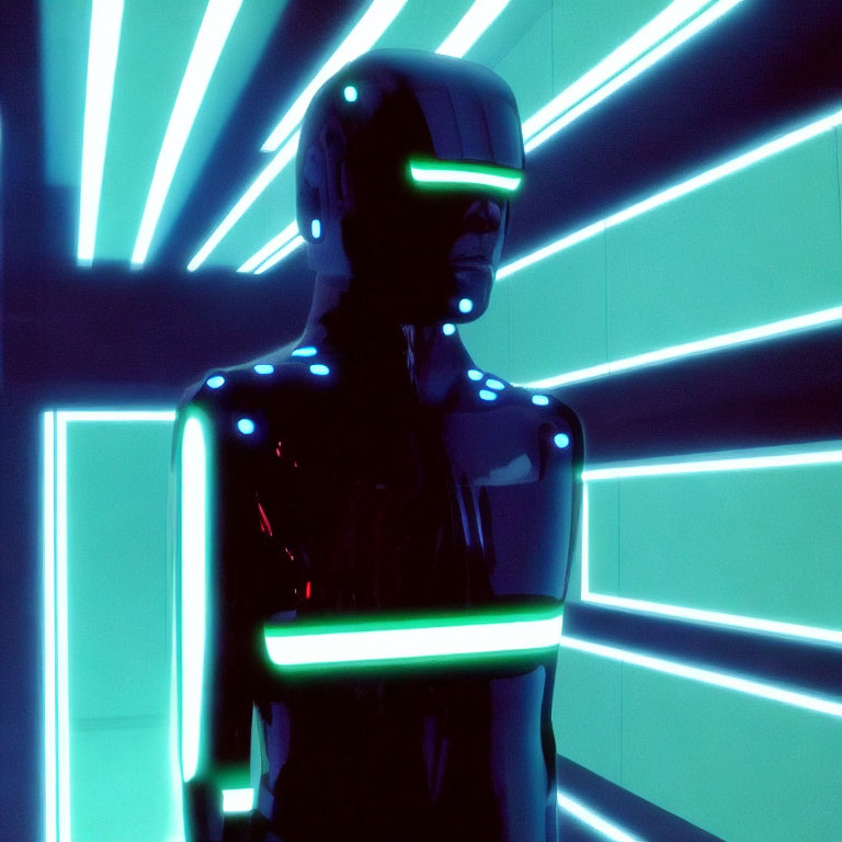 Futuristic humanoid robot with illuminated lines standing against neon blue backdrop