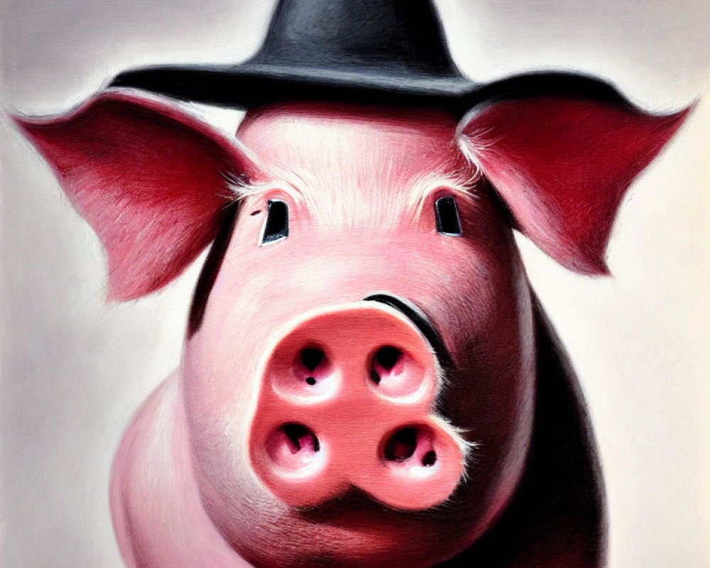 Whimsical pink pig in black cowboy hat with curious expression