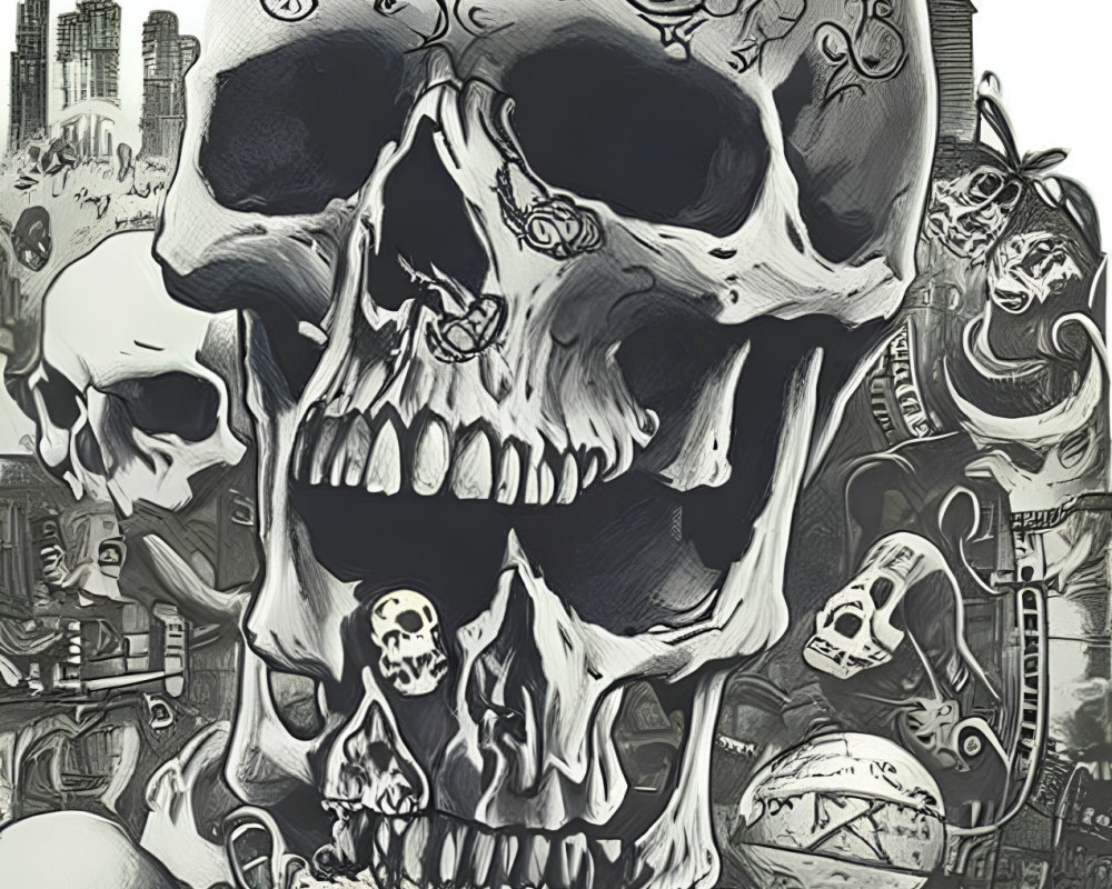Detailed Monochromatic Skull Illustration with Mechanical Elements