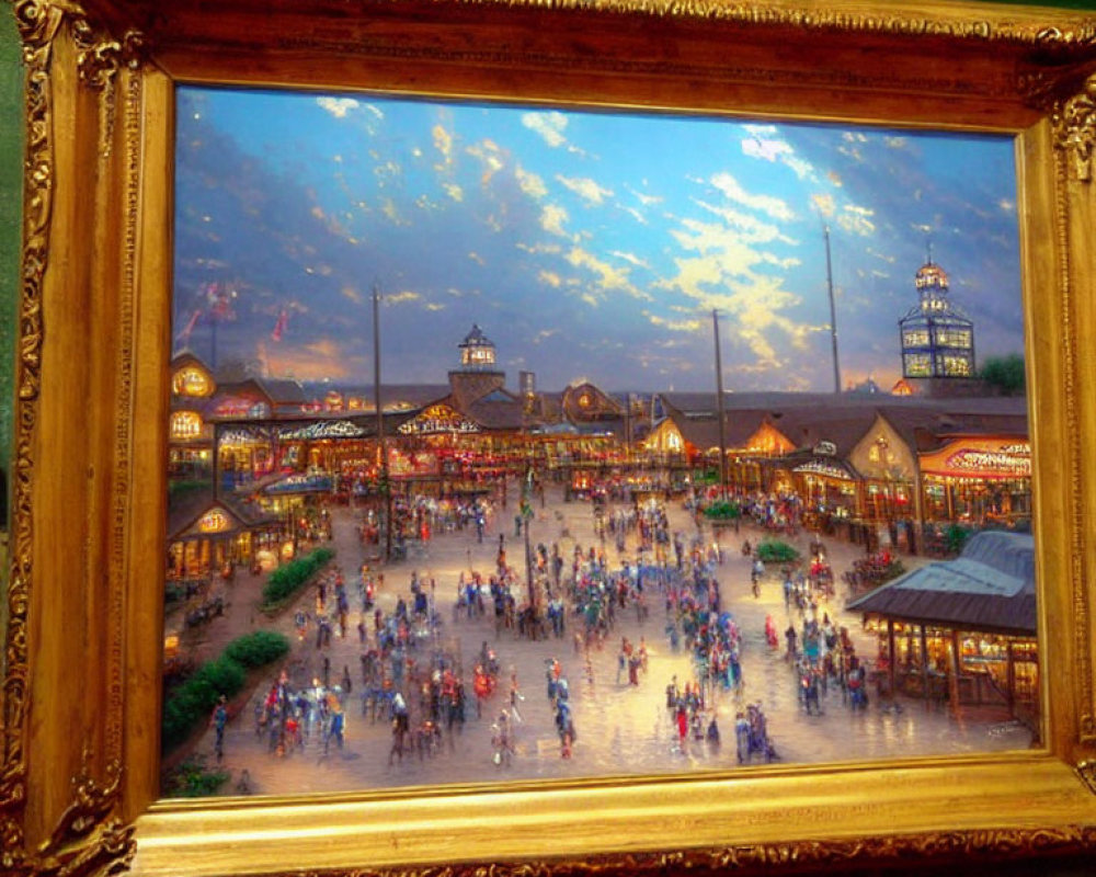 Colorful painting of bustling marketplace at dusk in ornate frame