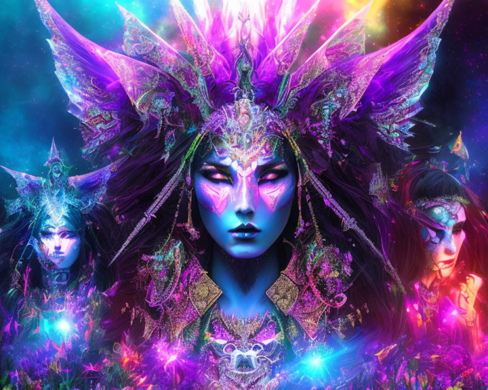 Vivid mystical image of three women with colorful headpieces and neon flora.