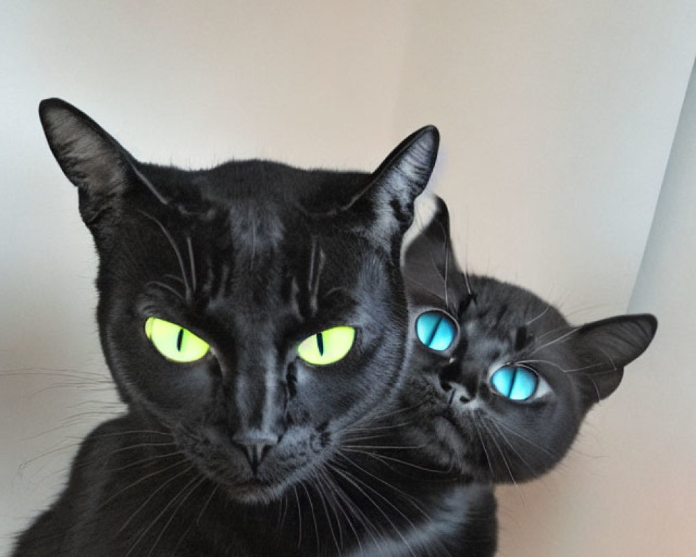 Two black cats with striking green and blue eyes.