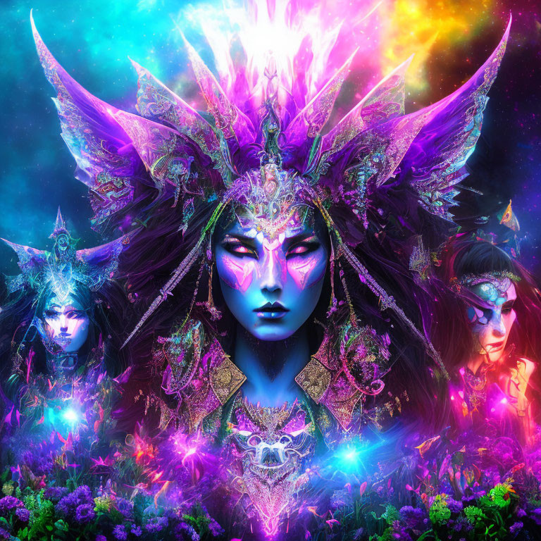 Vivid mystical image of three women with colorful headpieces and neon flora.