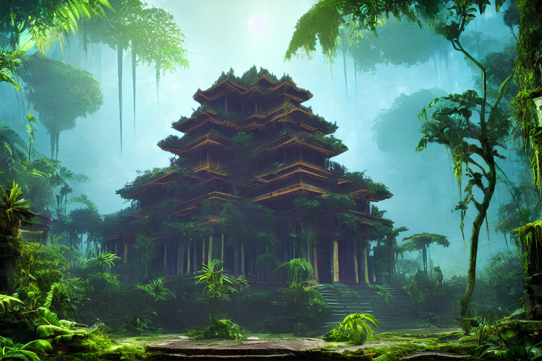 Mystical multi-tiered temple in lush foggy rainforest