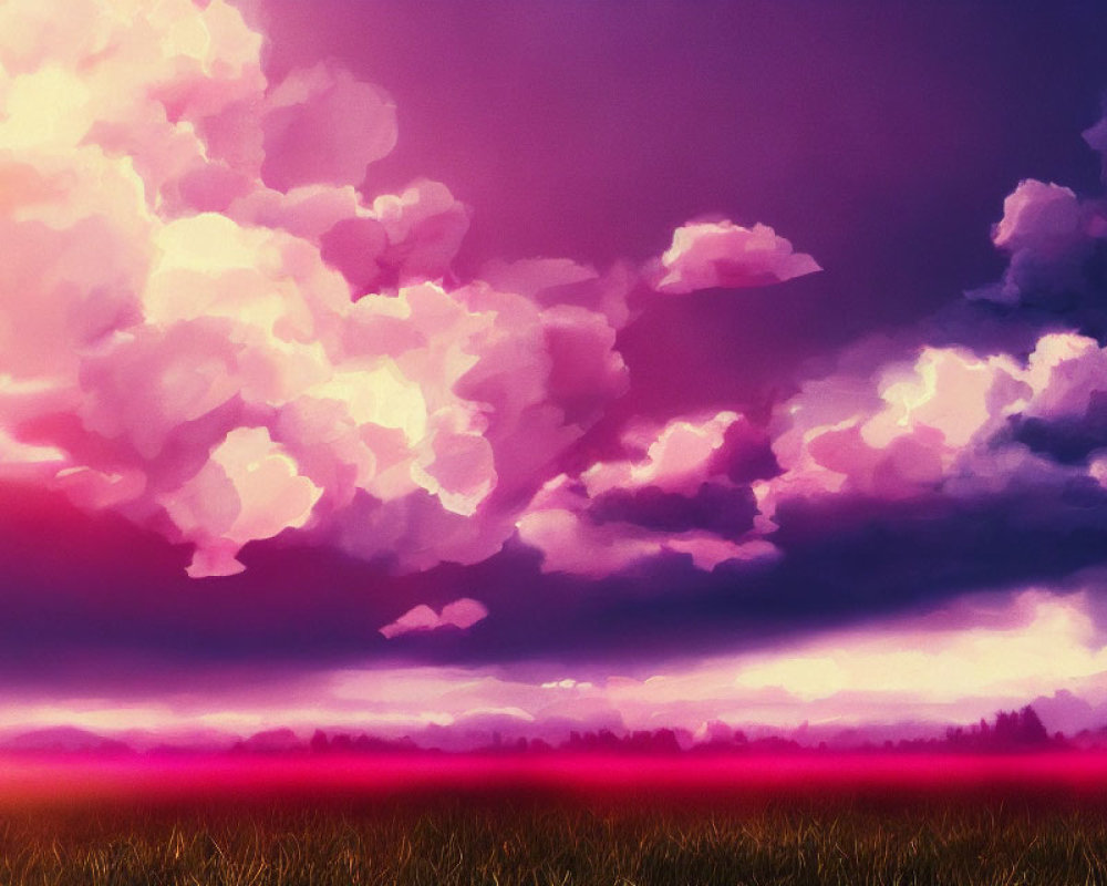 Colorful landscape with purple and pink sky and voluminous clouds over a rosy-lit field