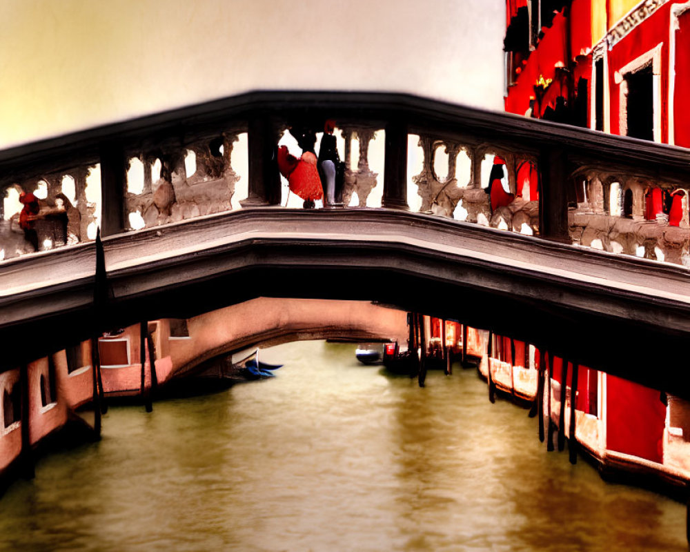 Person in Red Top on Venice Canal Bridge with Historic Buildings