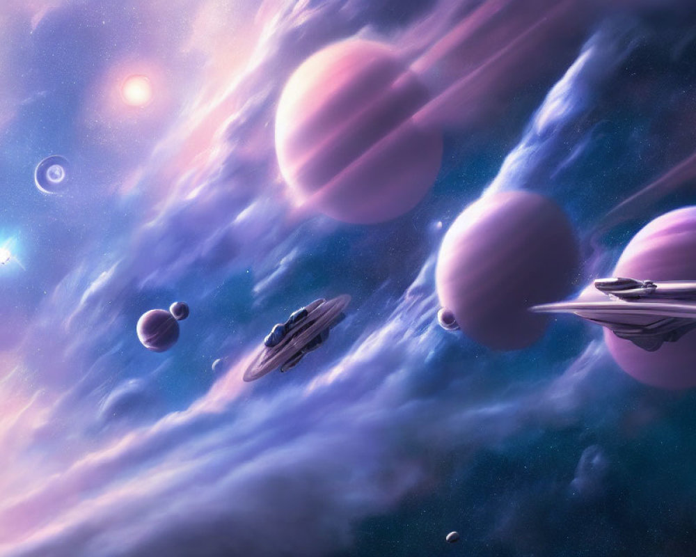 Colorful spaceship flying through purple cosmos with planets and nebulas