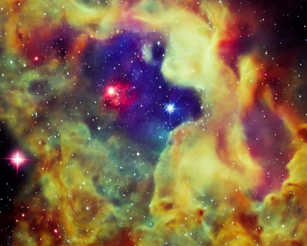 Colorful Swirling Nebulae in Yellow, Orange, and Blue with Bright Stars