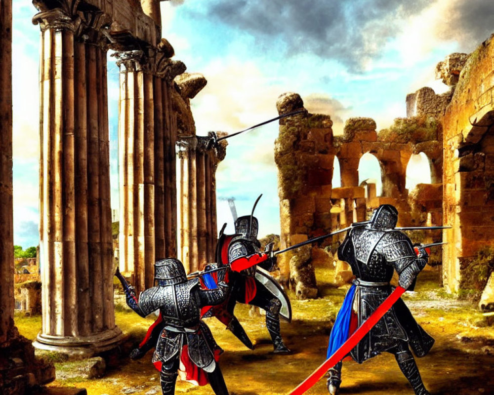 Medieval knights jousting in ancient ruins under dramatic sky
