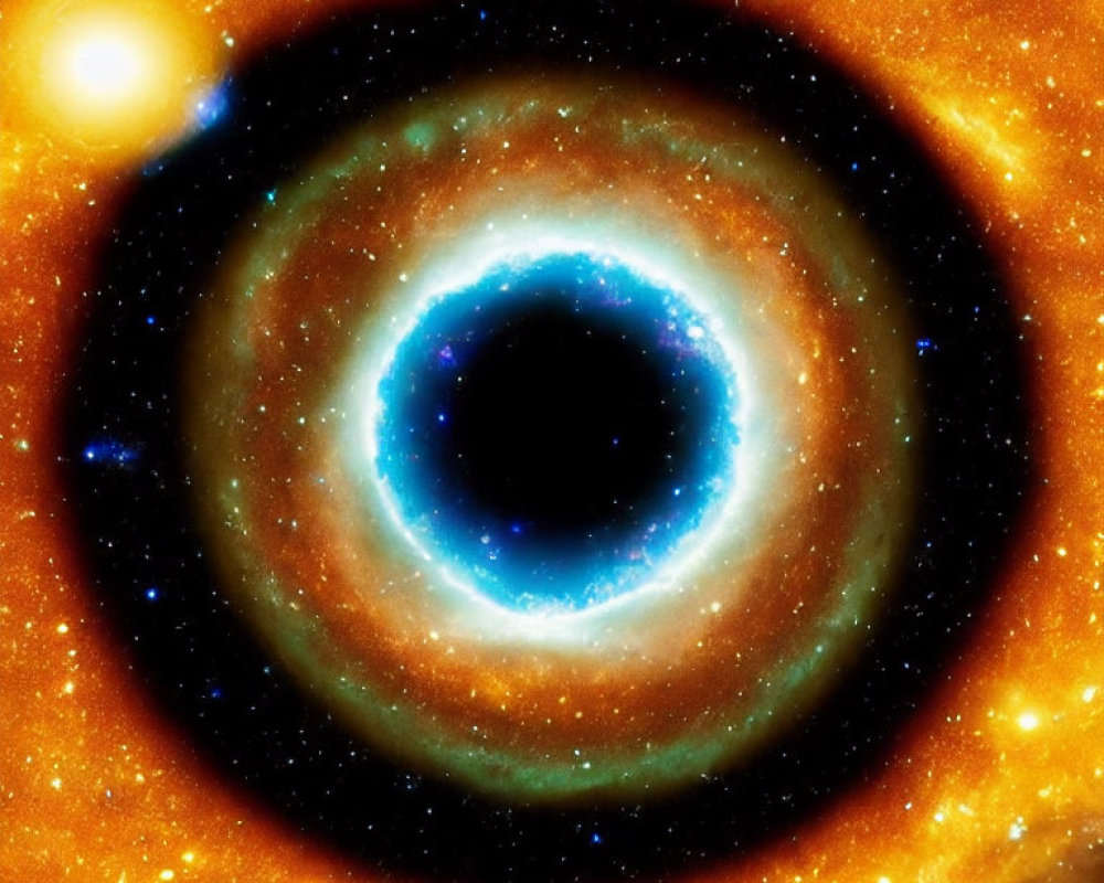Colorful depiction of black hole with luminous rings and stars